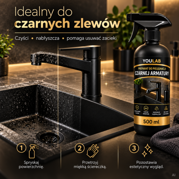 Idealny do czarnych zlewów Płyn do czarnej armatury 500 ml – usuwa osady i nabłyszcza