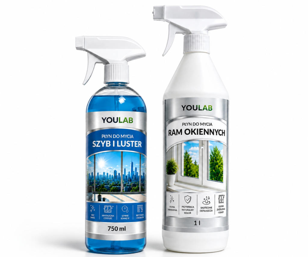 Zestaw do Mycia Okien Szyb Luster i Ram Okiennych Usuwa osady 750 ml + 1L