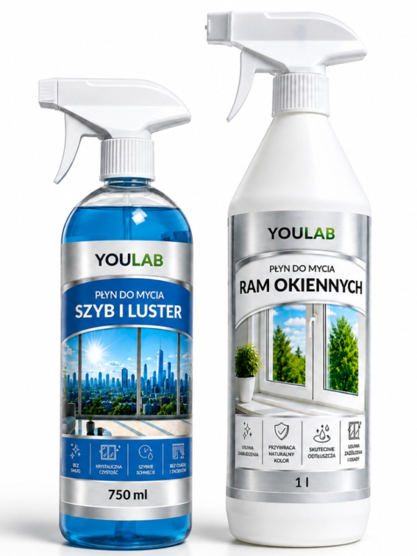 Projekt bez nazwy (5) Zestaw do Mycia Okien Szyb Luster i Ram Okiennych Usuwa osady 750 ml + 1L